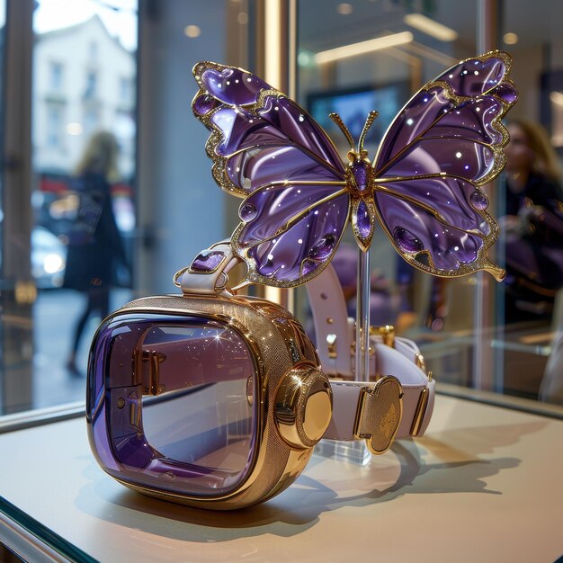 Close-up of a high-end store display featuring a decorative purple and gold butterfly and a unique gold-framed, purple-tinted accessory.