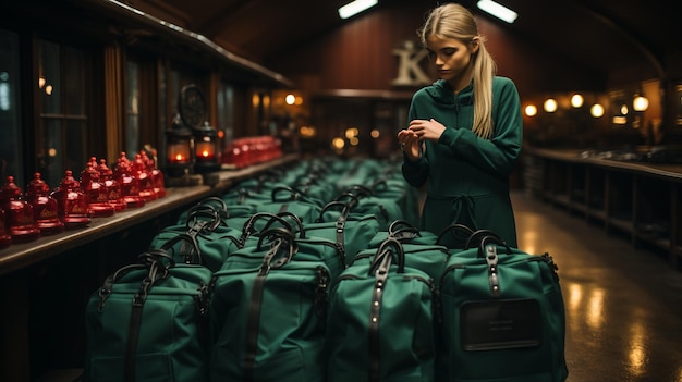 A blonde woman in a green tracksuit stands among rows of dark green duffel bags in a dimly lit, rustic warehouse.