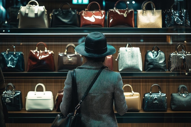 Rear view of a woman in a hat and coat, admiring a multi-shelf display of various luxury handbags in a boutique.