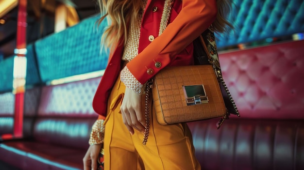 Close-up of a person in a vibrant orange blazer, yellow pants, and a tan structured handbag, against blurred colorful booths.