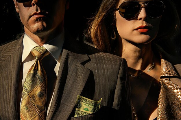 A man in a suit with a dollar bill tie and a woman in sunglasses and red lipstick, embodying wealth and power.