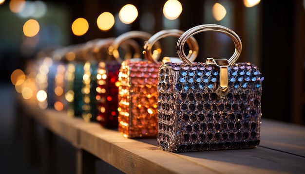 A row of luxurious, colorful bejeweled clutches with gold ring handles, sparkling on a wooden surface with warm bokeh lights.