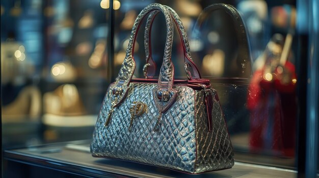 Luxurious quilted metallic handbag with red accents, elegantly displayed in a store window, reflecting blurred lights.