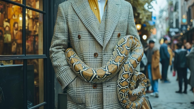 Stylish person in a plaid suit and yellow shirt holds a large patterned python on a bustling city street with shops.