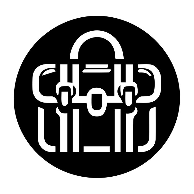 Black and white minimalist icon of a business briefcase with a handle, central clasp, and two side buckles on a black circular background.