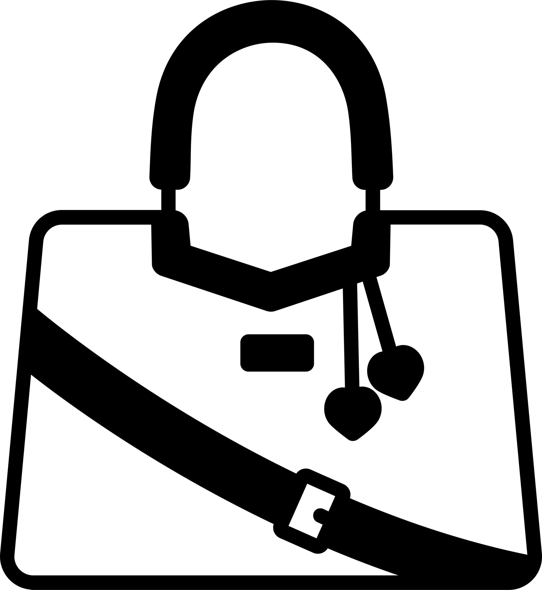Black and white outline icon of a stylish handbag with a top handle, front flap, shoulder strap, and heart charms.